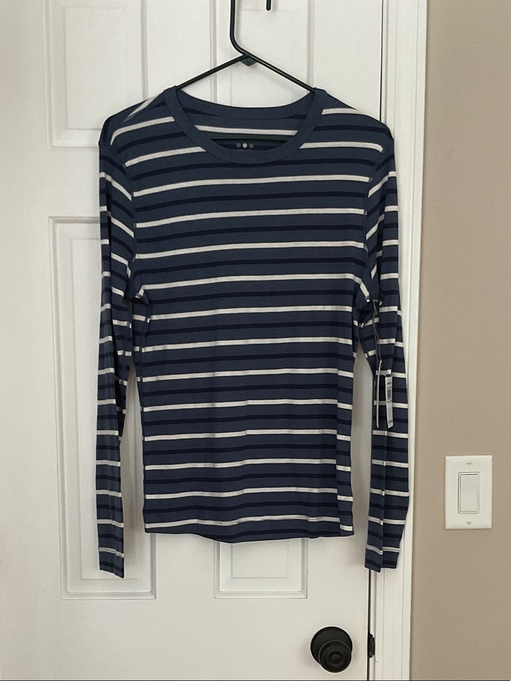Three Dots Blue and White Striped Crewneck Tee